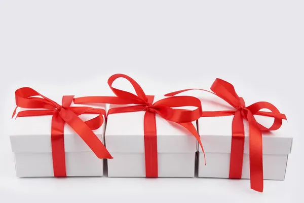 White Gift Box Red Ribbon Bow Isolated White White Box — Stock Photo, Image