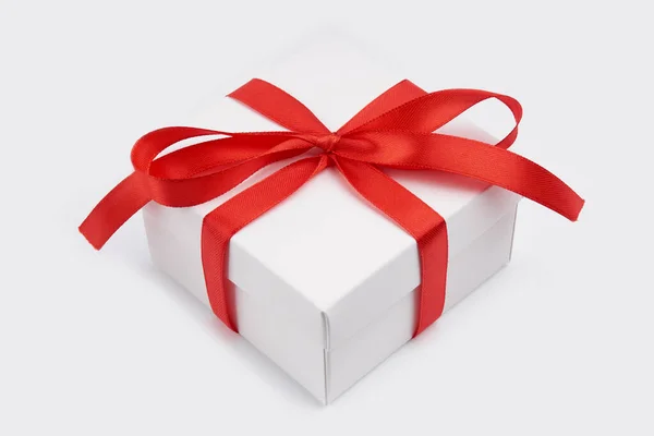White Gift Box Red Ribbon Bow Isolated White White Box — Stock Photo, Image