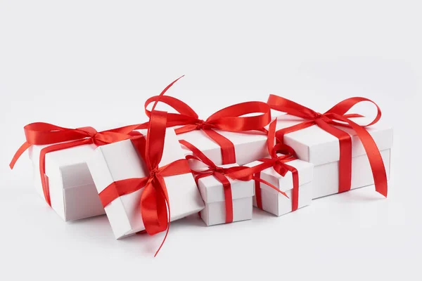 White Gift Box Red Ribbon Bow Isolated White White Box — Stock Photo, Image