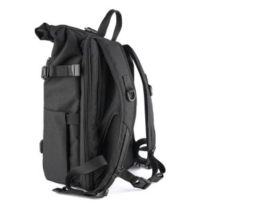 Siyah laptop unisex aksesuarları. Sırt çantası Beyaz Arka plan 'da izole edilmiş. Erkek çantası..