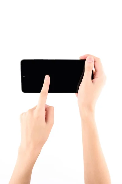 Mulher Mão Segurando Smartphone Preto Com Tela Branco Isolado Fundo — Fotografia de Stock