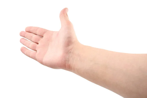 白い背景に孤立した女性の手 記号やジェスチャーを示す白人男性の手 — ストック写真