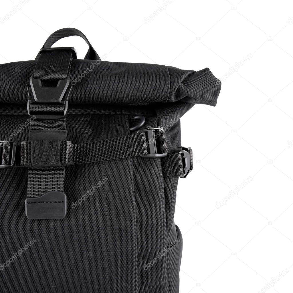 Black laptop backpack unisex accessories. Backpack isolated on White Background. Men's bag.
