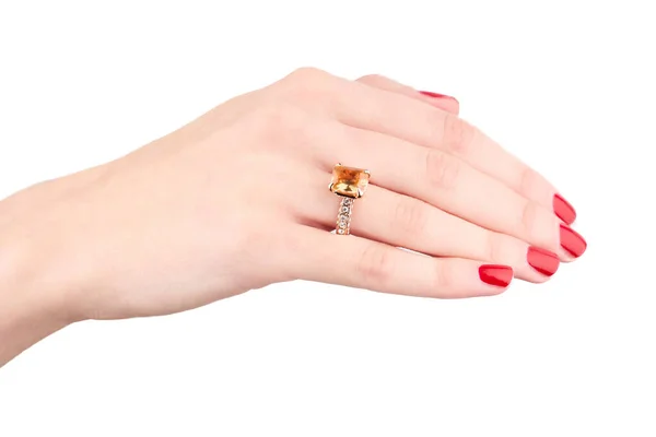 Бриллиантовое Кольцо Обручальное Кольцо Закройте Бриллиантовое Кольцо Пальце Женщины Перед — стоковое фото