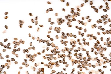 Beyaz arkaplan ile izole Chia tohumları. Sağlıklı chia tohumları yığını.