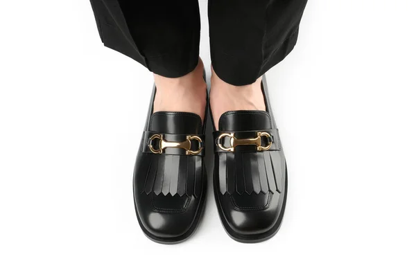 Loafers Isolerad Vit Bakgrund Par Stilrena Dyra Moderna Läder Svarta — Stockfoto