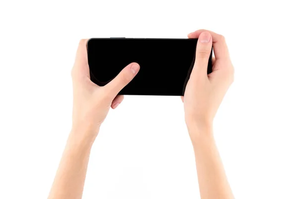 Žena Ruka Drží Černý Smartphone Prázdnou Obrazovkou Izolované Bílém Pozadí — Stock fotografie