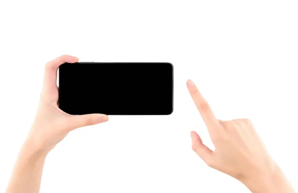 Donna Mano Tenendo Smartphone Nero Con Schermo Bianco Isolato Sfondo — Foto Stock