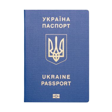 Blue international passport on white background with clipping path. Ukrainian biometric passport. Ukrainian international passport. Document for traveling abroad. 