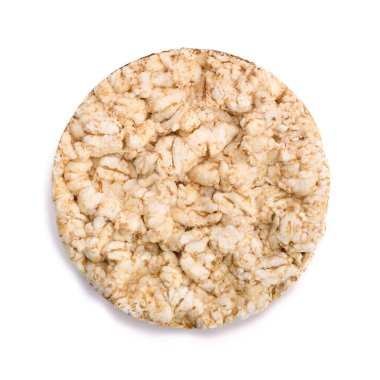 Beyaz arka planda izole edilmiş pirinç ekmeği. Pirinç keki. Yuvarlak diyet cipsleri beyaz arka planda. Yuvarlak şekilli tahıl ekmeği, mayasız sağlıklı yiyecek.. 