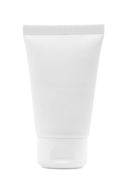 Blank white cosmetic tube isolated on white background. female hand with applied cream touches cosmetic tube. Concept of cream, hand lotion. Winter skin care. Woman using hand cream from a tube. Full depth of field