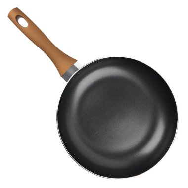 Beyaz arka planda yeni bir siyah tava. Tabaklar.