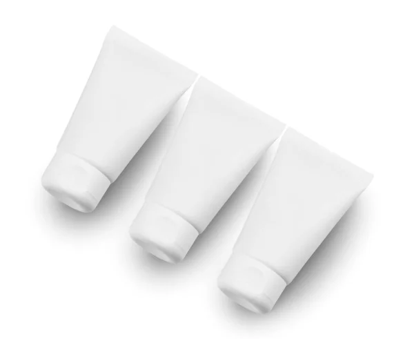 Három Fehér Kozmetikai Csövet Izoláltak Fehér Alapon Fogalom Krém Kézkrém — Stock Fotó