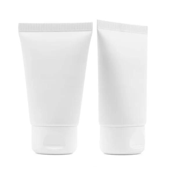 Three White Cosmetic Tubes Isolated White Background Concept Cream Hand — Stock Photo, Image