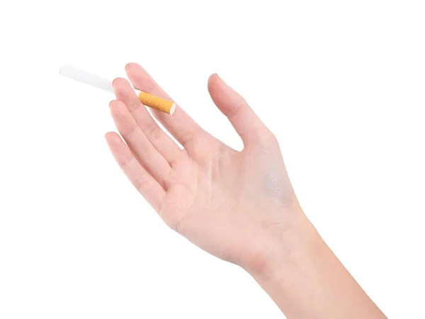 Mano Femminile Che Tiene Una Sigaretta Fumante Sfondo Bianco Danno — Foto Stock