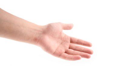 Female hand isolated on white background. White man hand showing symbols and gestures. 