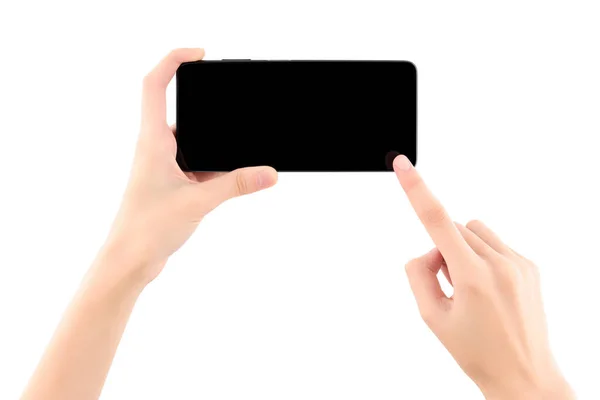 Donna Mano Tenendo Smartphone Nero Con Schermo Bianco Isolato Sfondo — Foto Stock