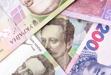 Ukrayna Hryvnia 'nın banknotları. Karışık Ukrayna Hrivnia banknotları ve paraları. Nakit para. Ukrayna ulusal para birimi faturaları. Ukrayna Parası. 