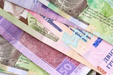 Ukrayna Hryvnia 'nın banknotları. Karışık Ukrayna Hrivnia banknotları ve paraları. Nakit para. Ukrayna ulusal para birimi faturaları. Ukrayna Parası. 