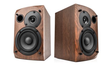 Music speakers on white background. Audio technica. Bookshelf speaker system for home entertainment.