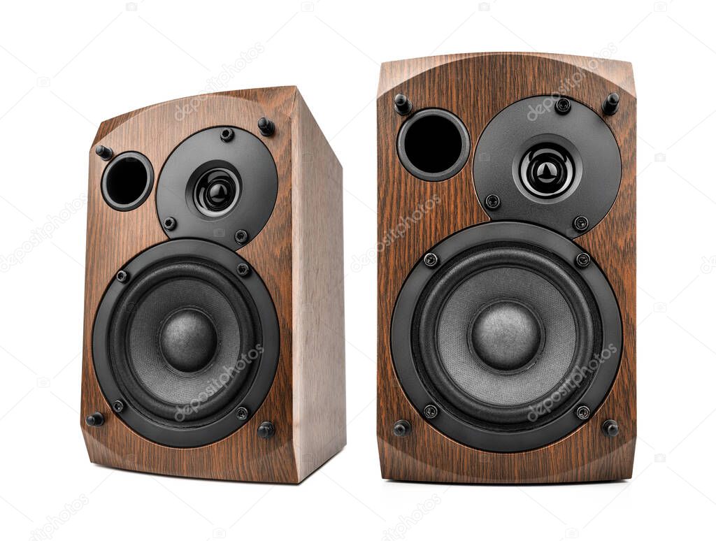 Music speakers on white background. Audio technica. Bookshelf speaker system for home entertainment.