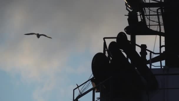 Fumaça de tubos de escape no navio. As aves deslizam perto do mastro da embarcação, canos. Poluição — Vídeo de Stock