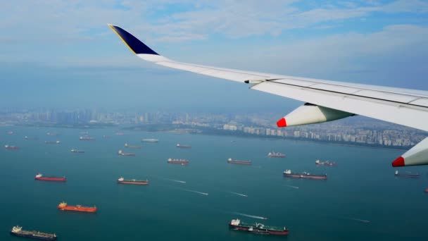 Large vessels. Many tankers. Ships on roadstead. View from plane. Singapore. Aerial view. Crossing of sea routes — Stock Video