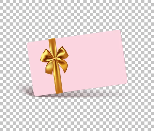 Üres rózsaszín ajándék kártya realisztikus arany szalag íj — Stock Vector