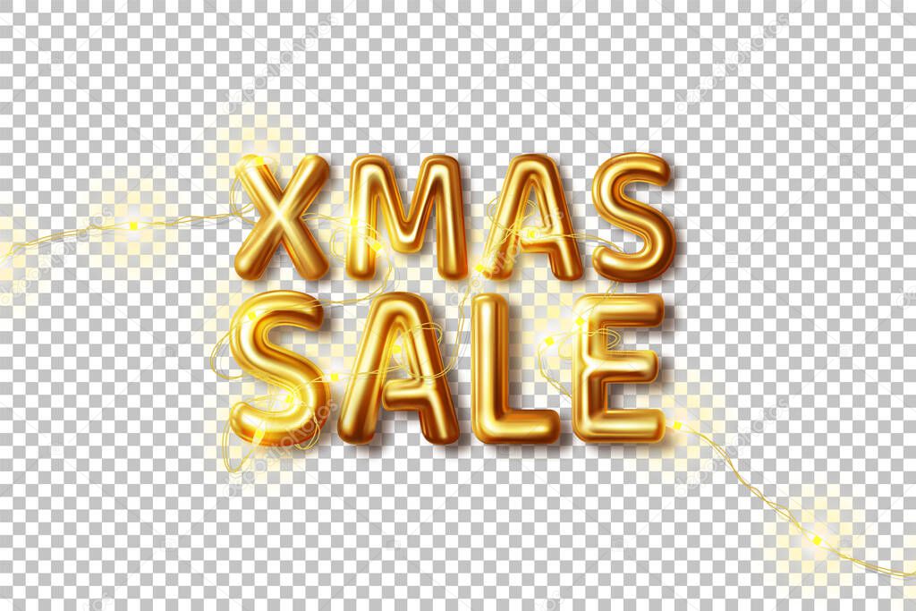 Xmas Sale. The inscription in gold letters on a transparent background.