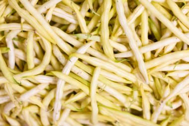 Sarı fasulye telinin arka planı. Kapatın. Sağlıklı bir yaşam tarzı. Düzgün beslenme. Yatay format. Seçici odak