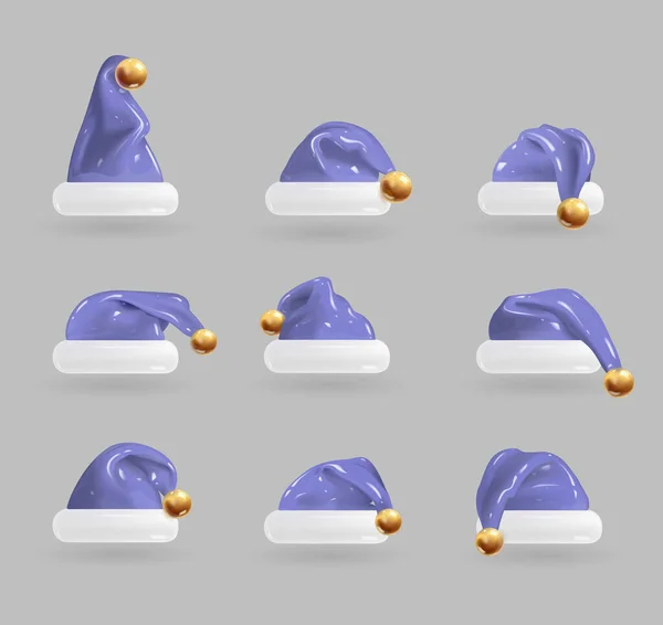 Set van 3D cartoon Kerstman hoeden in trendy Zeer peri kleur, de kleuren van 2022 — Stockvector