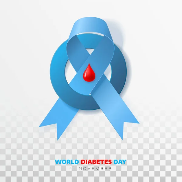 Día Mundial de la Diabetes. Cinta con una gota roja de sangre en un marco redondo azul — Archivo Imágenes Vectoriales