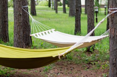 Bahçede beyaz ve yeşil hamak, yakın plan. Rahatlamak için boş hamak