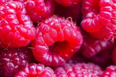 Olgun kırmızı ahududu. Yemek arkaplanı. Yakın plan. Yatay biçim