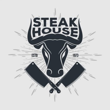 Boğa başlı et lokantası logosu tasarımı. Vektör illüstrasyonu