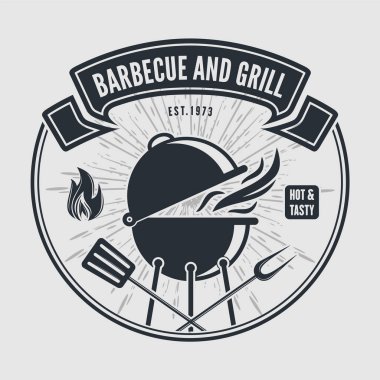 bbq Grill 'li barbekü logosu tasarımı. Vektör illüstrasyonu
