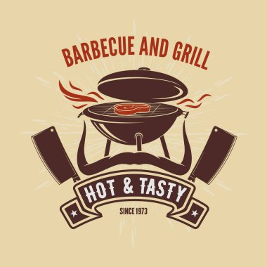 bbq Grill 'li barbekü logosu tasarımı. Vektör illüstrasyonu