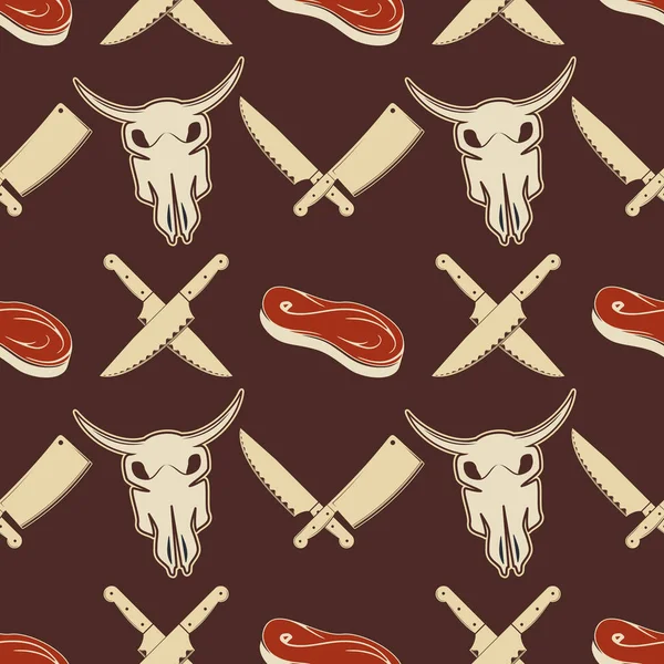 Butcher Shop Seamless Pattern Bull Skull Vector Illustration — Stockvector