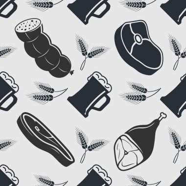 Bira, domuz budu ve sosis pürüzsüz desen. Vektör illüstrasyonu