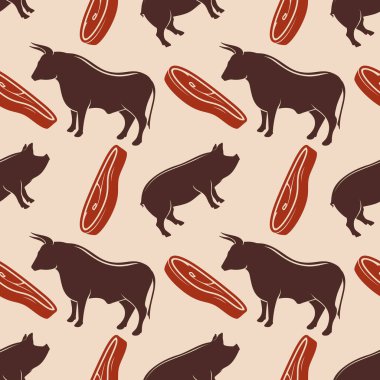 Butcher shop seamless pattern with bull and pig silhouette. Vector illustration