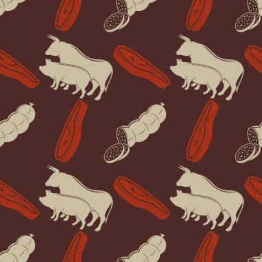 Butcher shop seamless pattern with bull and pig silhouette. Vector illustration