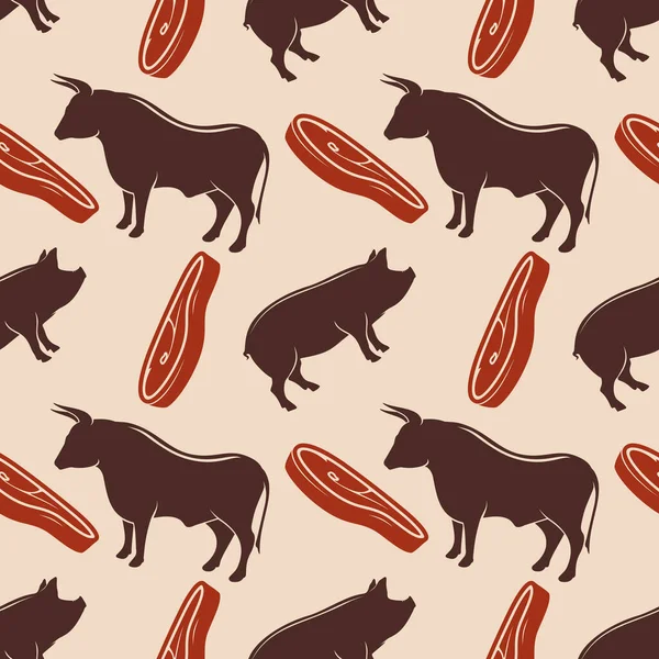 Butcher Shop Seamless Pattern Bull Pig Silhouette Vector Illustration — Stockvector