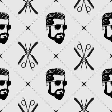 Berber dükkanı, berber suratlı, kuaför makaslı ve jiletli kusursuz desen. Vektör illüstrasyonu 