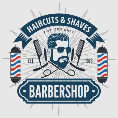 Berber dükkanı logosu, afiş ya da afiş tasarımı konsepti. Berber direği ve sakallı adamlar. Vektör illüstrasyonu