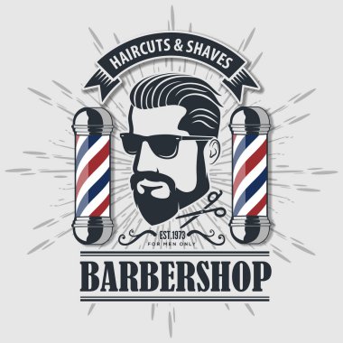 Berber dükkanı logosu, afiş ya da afiş tasarımı konsepti. Berber direği ve sakallı adamlar. Vektör illüstrasyonu