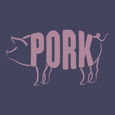 Domuz eti logosu, etiket ya da kasap dükkanı ya da çiftçi marketi posteri. Vektör illüstrasyonu