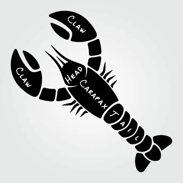 Cuts Lobster Butchery Diagram Lobster Silhouette Vector Illustration — Stock Vector