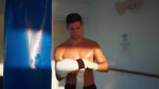 Привабливий молодий чоловік одягає білі боксерські рукавички, щоб практикувати коробку на ударній сумці — стокове відео