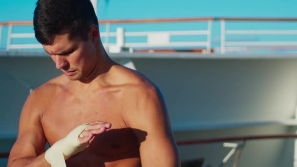 Handsome Young Man Practices Shadow Boxing Workout Onboard Cruise Ship — Stock Video