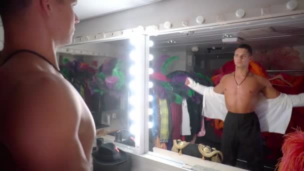 Handsome Young Man Dressing Room Gets Dressed Performance Naked Waist — Wideo stockowe